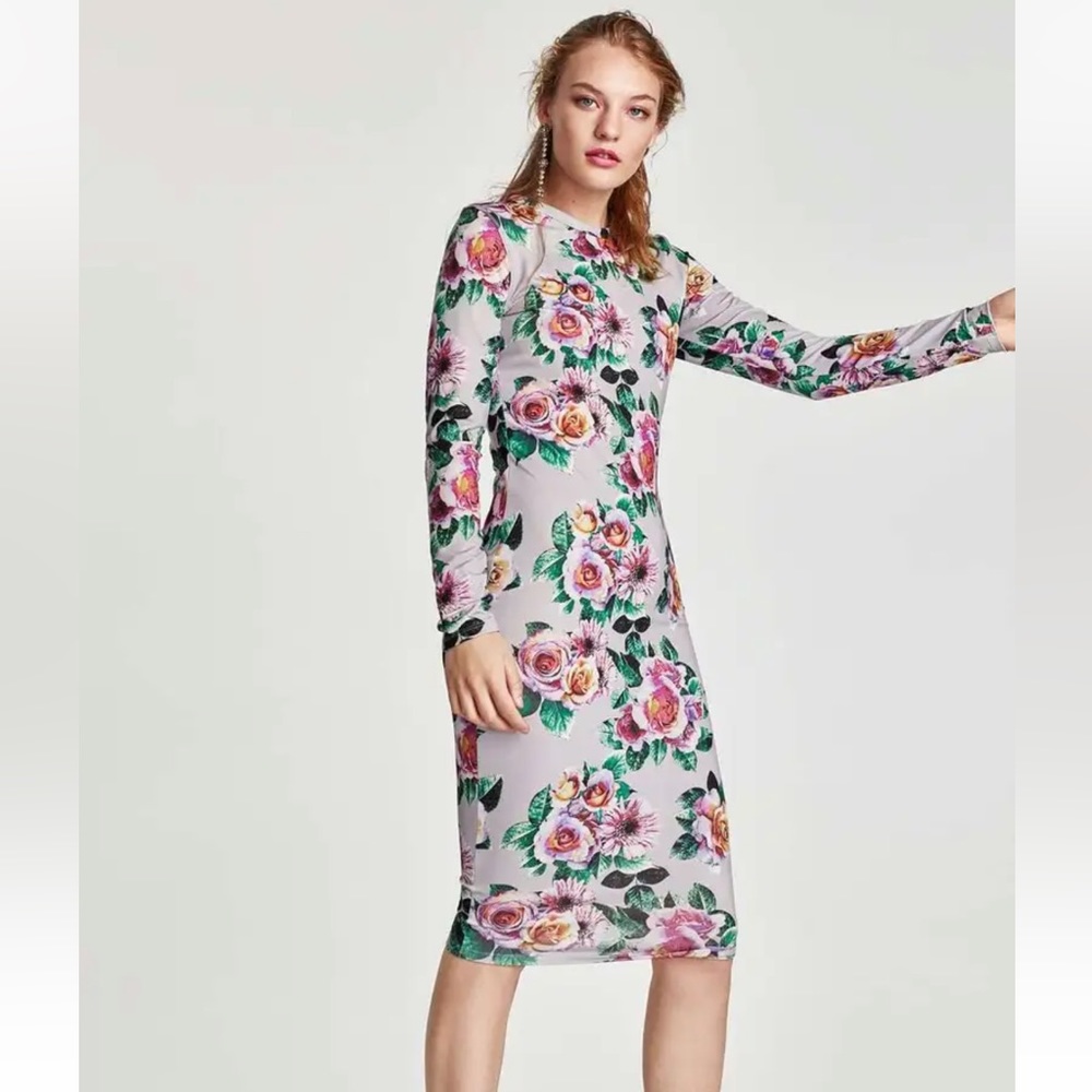 Zara lilac floral bodycon long sleeve midi dress Small